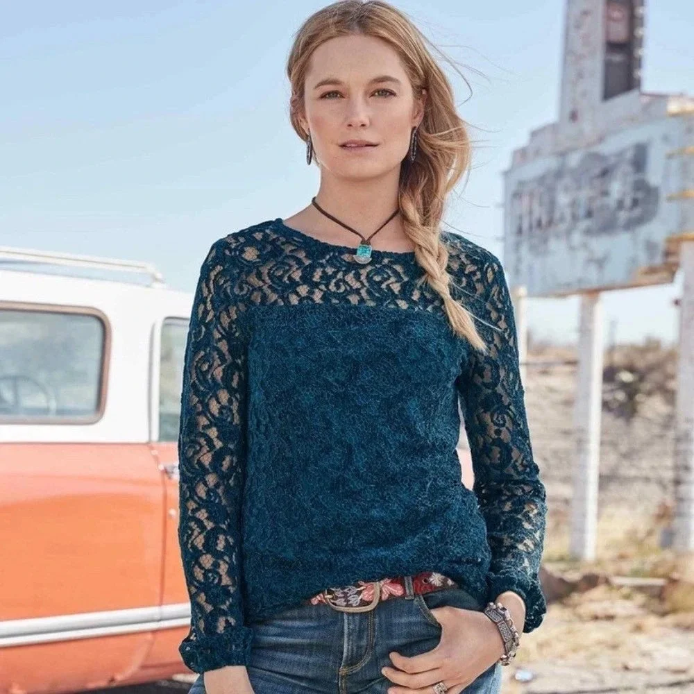 Sundance NWT -1755 Teal Blue Floral Lace Long Sleeve Lined Top Boat Neck Medium - Picture 1 of 9